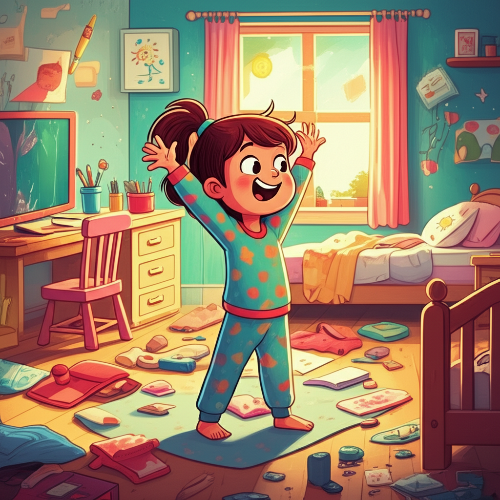 Maya waking up in her messy bedroom