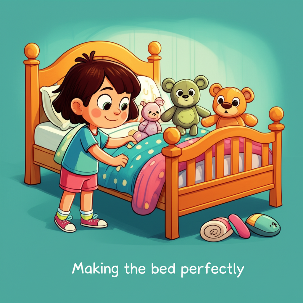 Maya making her bed carefully