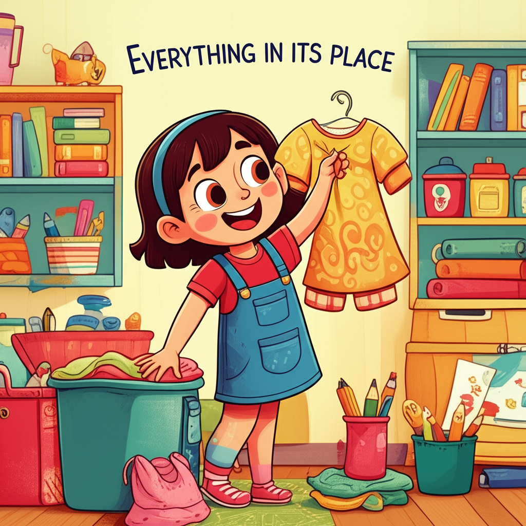 Maya organizing her room and putting things away