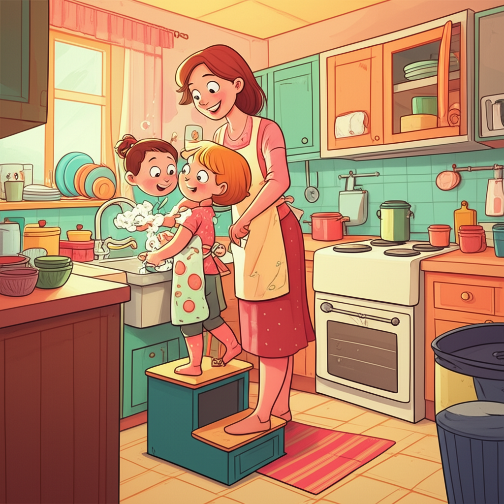 Maya helping with dishes in the kitchen