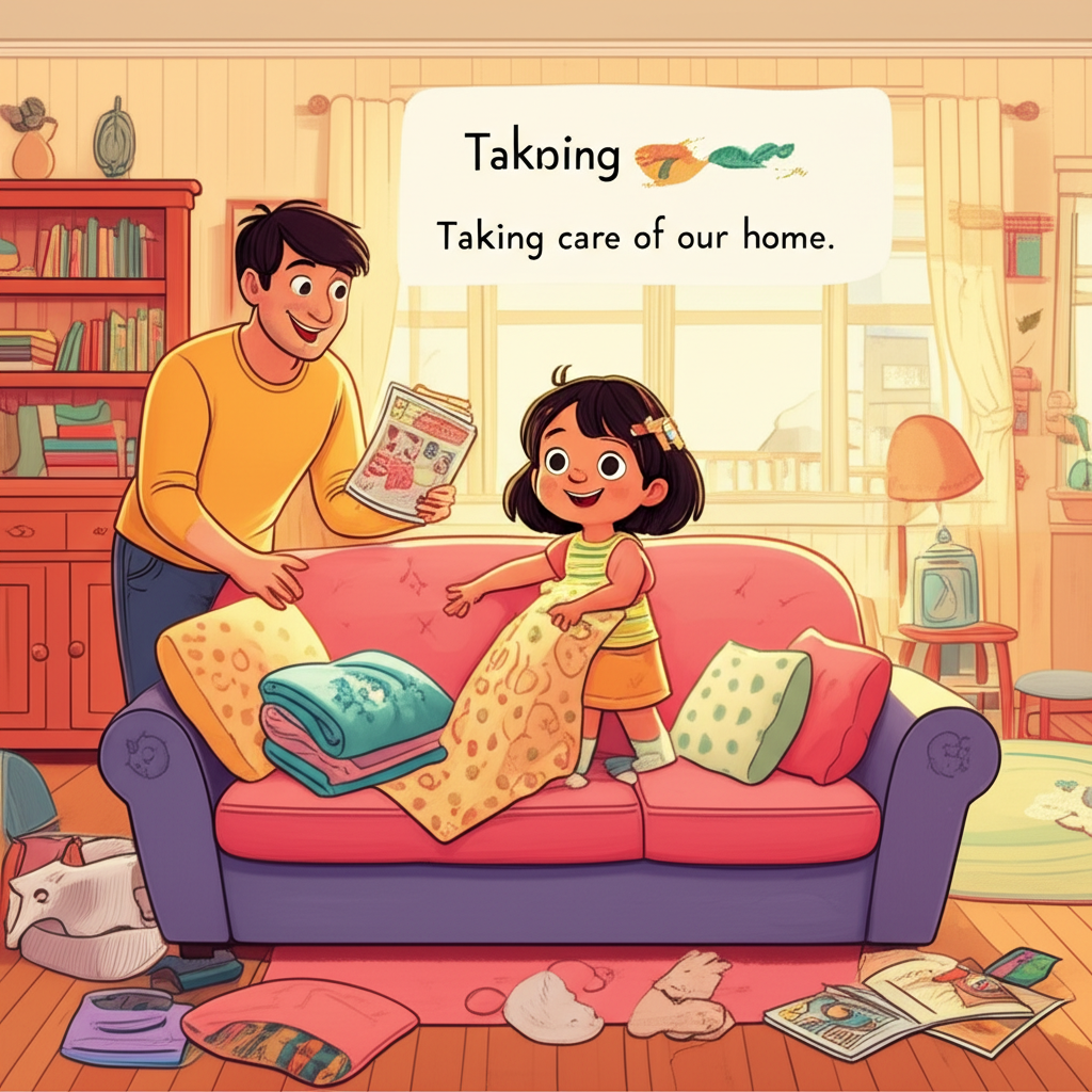 Maya organizing the living room with her father