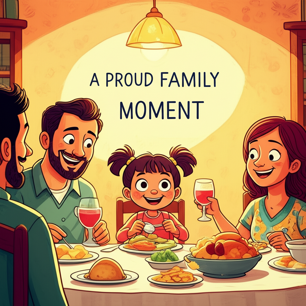 Maya having dinner with her proud parents